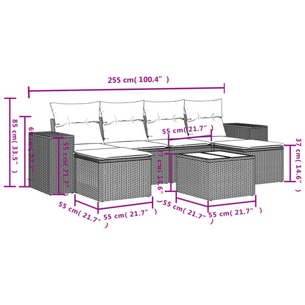 vidaXL 7-tlg. Garten-Sofagarnitur mit Kissen Grau Poly Rattan
