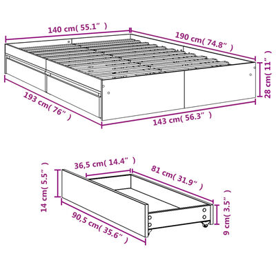 vidaXL Bettgestell mit Schubladen Räuchereiche 140x190cm Holzwerkstoff