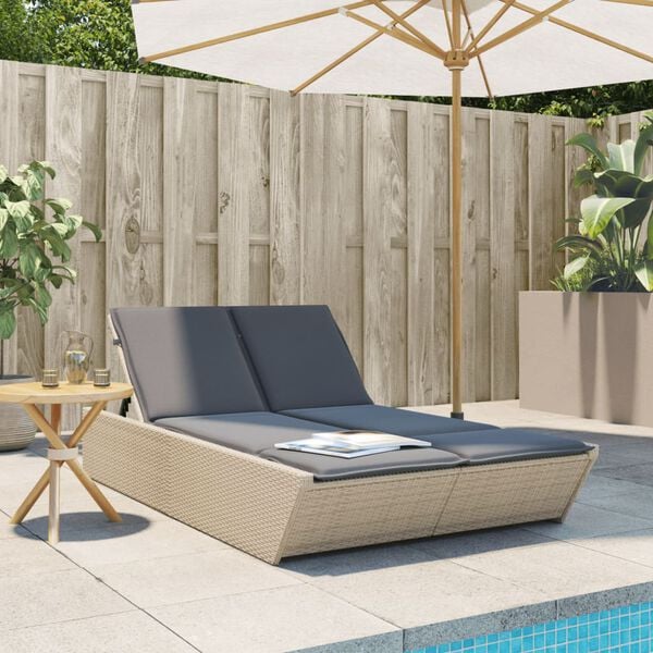vidaXL Doppel-Sonnenliege mit Auflagen Beige Poly Rattan