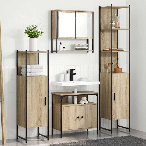 vidaXL Badezimmerm&ouml;bel-Set mit Regal 4 pcs Sonoma-Eiche Holzwerkstoff
