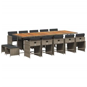 vidaXL 15-tlg. Garten-Essgruppe mit Kissen Grau Poly Rattan