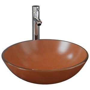 vidaXL Badezimmer Waschbecken mit Wasserhahn und Ablaufgarnitur Braun