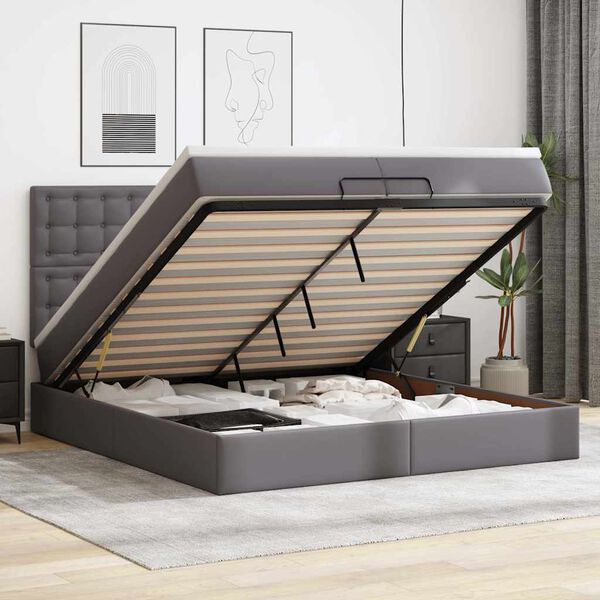 vidaXL Ottoman-Bett mit Matratzen Grau 200x200 cm Kunstleder