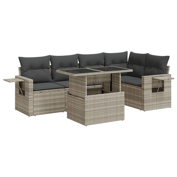 vidaXL 6-tlg. Garten-Sofagarnitur mit Kissen Hellgrau Poly Rattan