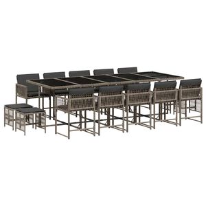 vidaXL 15-tlg. Garten-Essgruppe mit Kissen Grau Poly Rattan