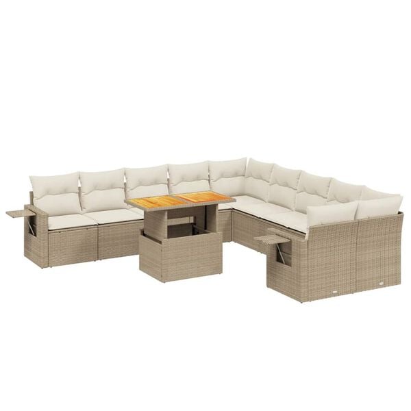 vidaXL 11-tlg. Garten-Sofagarnitur mit Kissen Beige Poly Rattan