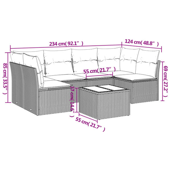 vidaXL 7-tlg. Garten-Sofagarnitur mit Kissen Schwarz Poly Rattan