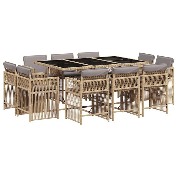 vidaXL 11-tlg. Garten-Essgruppe mit Kissen Beigemischung Poly Rattan