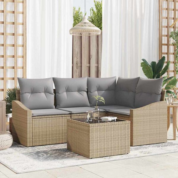 vidaXL Sofa Set mit Kissen 5 pcs Beige und Hellgrau Poly-Rattan