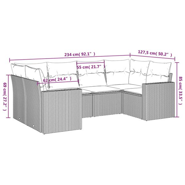 vidaXL 6-tlg. Garten-Sofagarnitur mit Kissen Hellgrau Poly Rattan