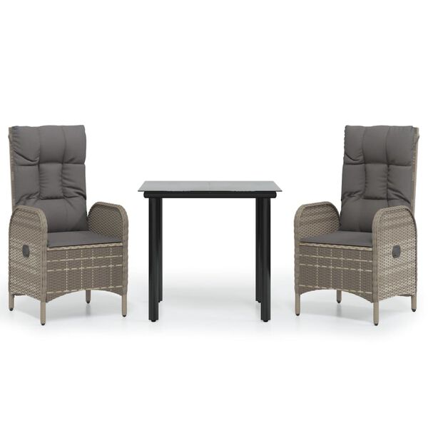 vidaXL 3-tlg. Garten-Essgruppe mit Kissen Schwarz und Grau Poly Rattan