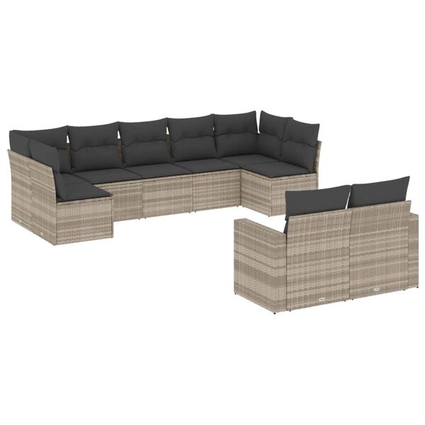 vidaXL 9-tlg. Garten-Sofagarnitur mit Kissen Hellgrau Poly Rattan