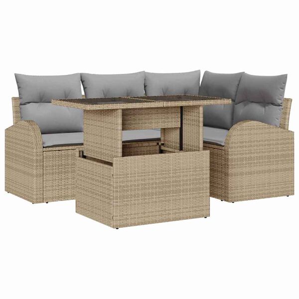 vidaXL Garten-Sofa-Set mit Kissen mit Speicher 5 pcs Beige Poly Rattan