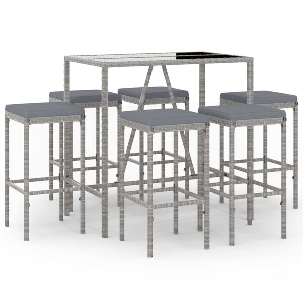 vidaXL 7-tlg. Gartenbar-Set mit Kissen Grau Poly Rattan