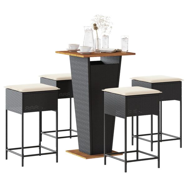 vidaXL 5-tlg. Gartenbar-Set mit Kissen Schwarz Poly Rattan