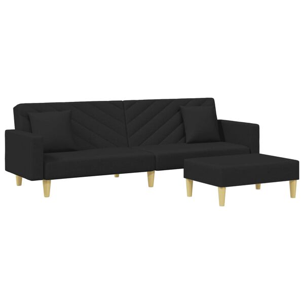 vidaXL Schlafsofa 2-Sitzer mit Kissen und Fu&szlig;hocker Schwarz Stoff