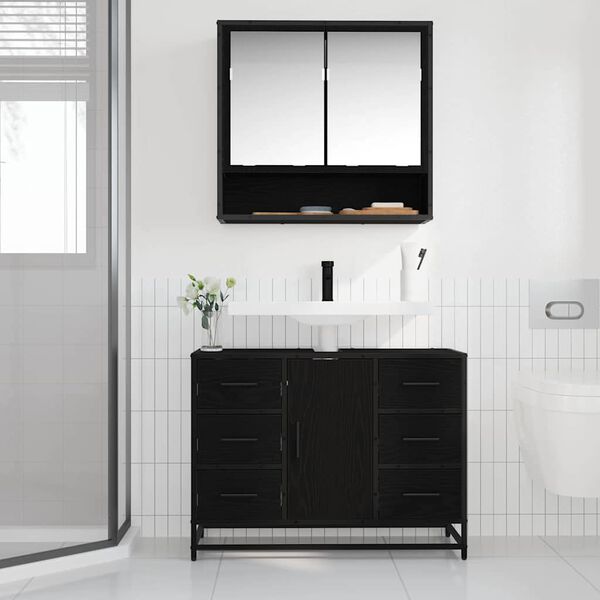 vidaXL Badezimmerm&ouml;bel-Set 2 pcs Schwarz Eichen-Optik Holzwerkstoff
