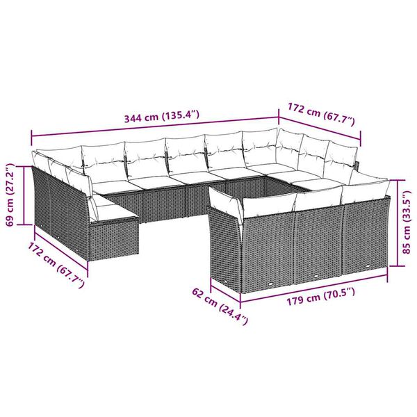 vidaXL 13-tlg. Garten-Sofagarnitur mit Kissen Braun Poly Rattan