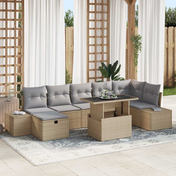 vidaXL Garten-Sofa-Set mit Kissen mit Speicher 8 pcs Beige Poly Rattan
