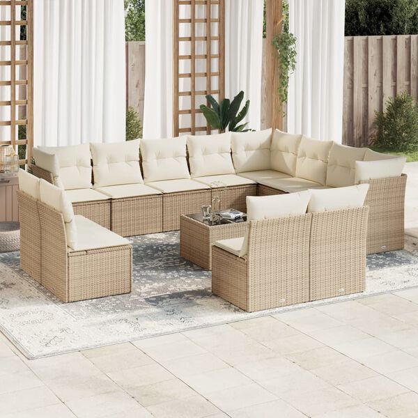 vidaXL 13-tlg. Garten-Sofagarnitur mit Kissen Beige Poly Rattan