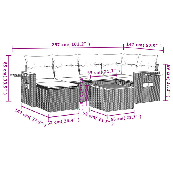 vidaXL 7-tlg. Garten-Sofagarnitur mit Kissen Beige Poly Rattan