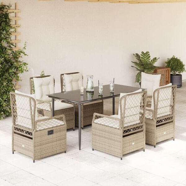 vidaXL 7-tlg. Garten-Essgruppe mit Kissen Beige Poly Rattan