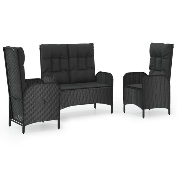 vidaXL 3-tlg. Garten-Essgruppe mit Kissen Schwarz Poly Rattan