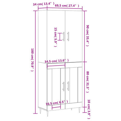 vidaXL Highboard Grau Sonoma 69,5x34x180 cm Holzwerkstoff