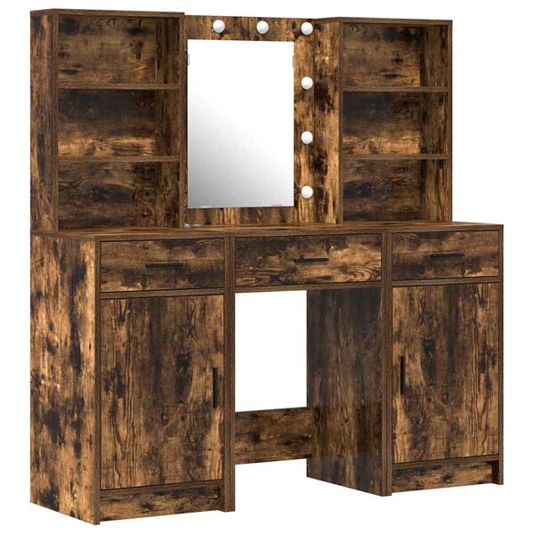 vidaXL Schminktischset mit LED 3 pcs Ger&auml;ucherte Eiche Holzwerkstoff