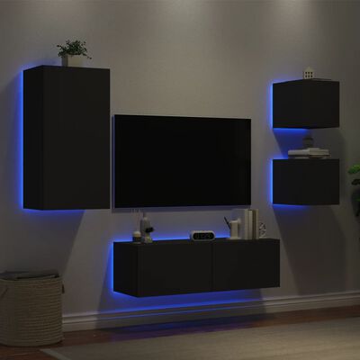 vidaXL 4-tlg. TV-Wohnwand mit LED-Leuchten Schwarz
