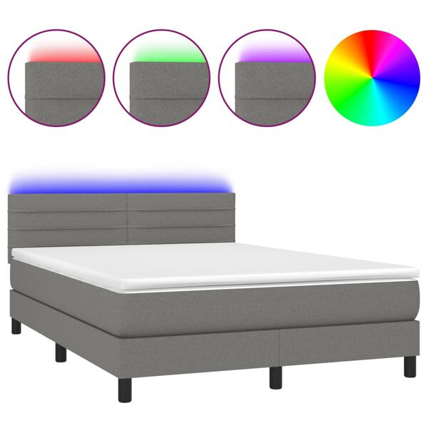 vidaXL Boxspringbett mit Matratze & LED Dunkelgrau 140x200 cm Stoff
