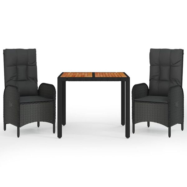 vidaXL 3-tlg. Garten-Essgruppe mit Kissen Schwarz Poly Rattan