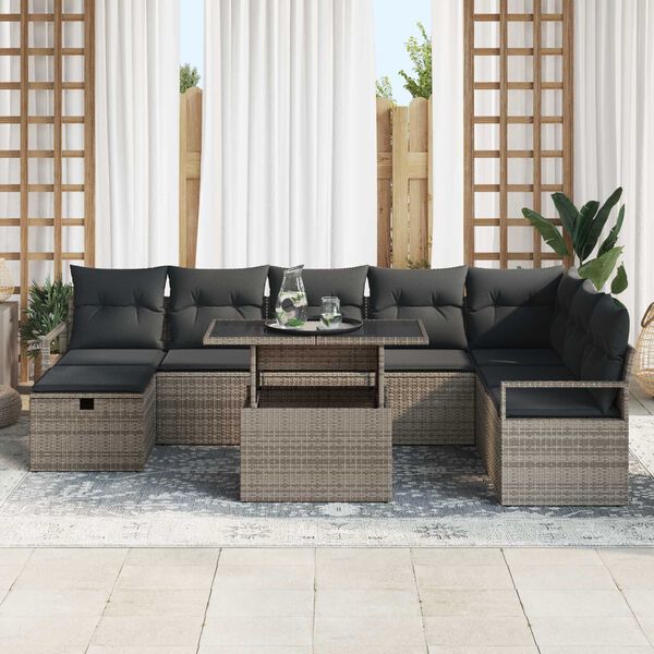 vidaXL Garten-Sofa-Set mit Kissen mit Speicher 9 pcs Grau Poly Rattan