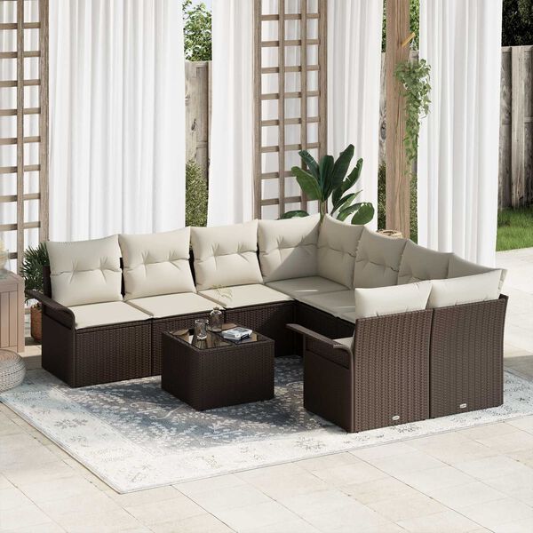 vidaXL Garten-Sofa-Set mit Kissen mit Speicher 9 pcs Braun und Creme