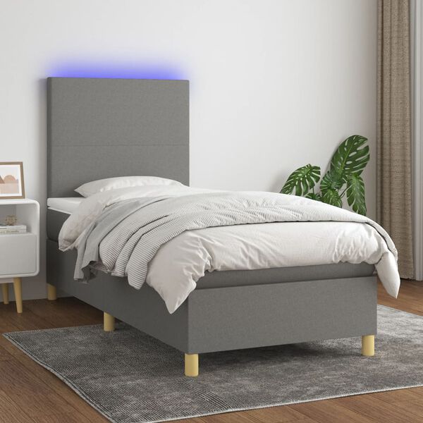 vidaXL Boxspringbett mit Matratze & LED Dunkelgrau 100x200 cm Stoff