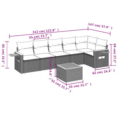 vidaXL 7-tlg. Garten-Sofagarnitur mit Kissen Beige Poly Rattan