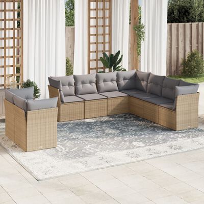 vidaXL 9-tlg. Garten-Sofagarnitur mit Kissen Beige Poly Rattan