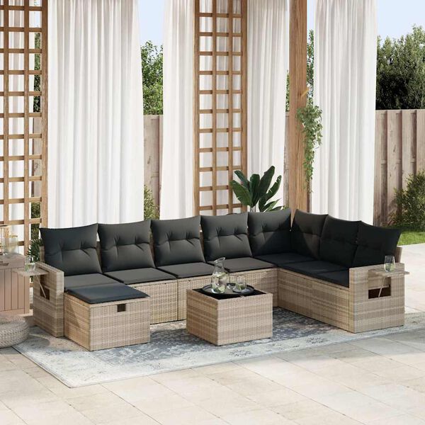 vidaXL 9-tlg. Garten-Sofagarnitur mit Kissen Hellgrau Poly Rattan