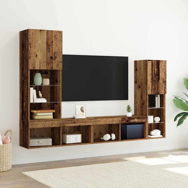 vidaXL TV-Schr&auml;nk mit LED-Lichtleisten 4 pcs Altholz Holzwerkstoff