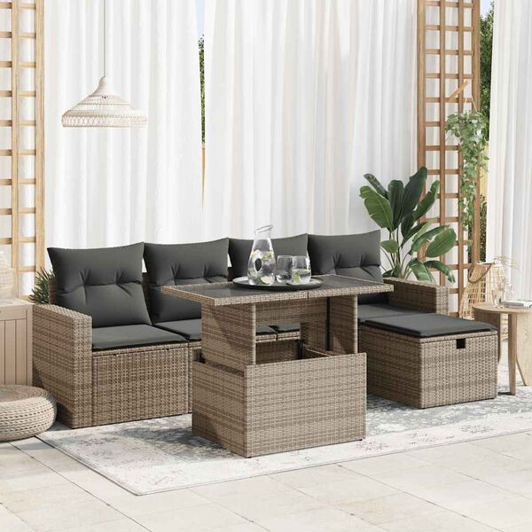 vidaXL 6-tlg. Garten-Sofagarnitur mit Kissen Grau Poly Rattan