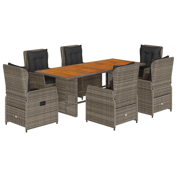 vidaXL 7-tlg. Garten-Essgruppe mit Kissen Grau Poly Rattan