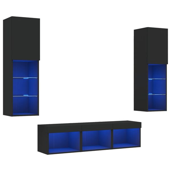 vidaXL 5-tlg. Wohnwand mit LED-Beleuchtung Schwarz Holzwerkstoff