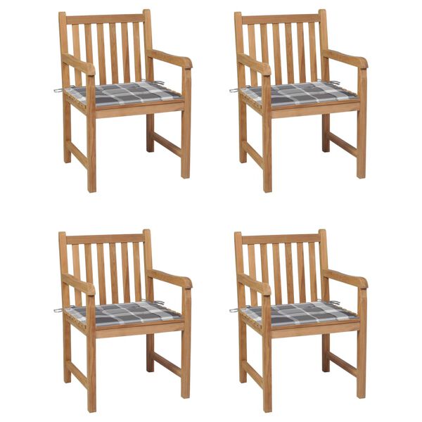 vidaXL Gartenst&uuml;hle 4 Stk. Graue Karomuster-Kissen Massivholz Teak