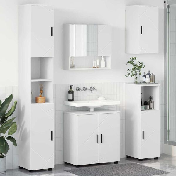 vidaXL Badezimmerm&ouml;bel-Set mit T&uuml;r 5 pcs Wei&szlig; Holzwerkstoff & Metall