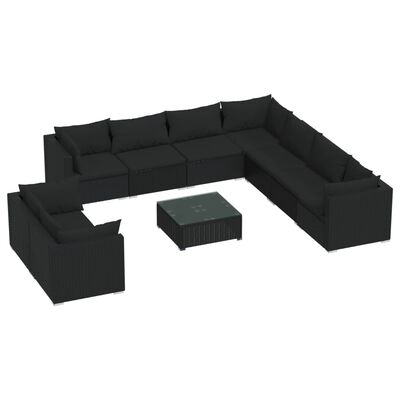 vidaXL 10-tlg. Garten-Lounge-Set mit Kissen Schwarz Poly Rattan