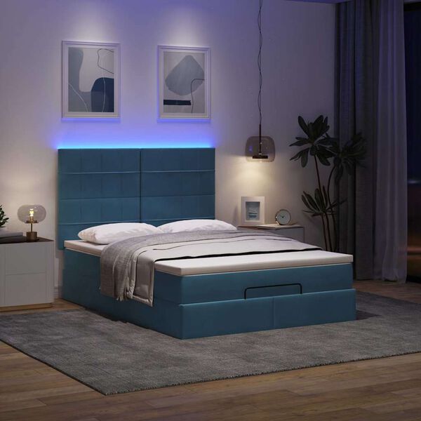 vidaXL Ottoman-Bett mit Matratzen & LEDs Dunkelblau 140x200 cm Samt