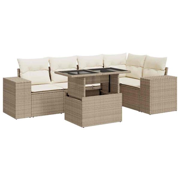vidaXL 6-tlg. Garten-Sofagarnitur mit Kissen Beige Poly Rattan