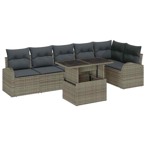vidaXL Garten-Sofa-Set mit Kissen 7 pcs Grau Poly-Rattan