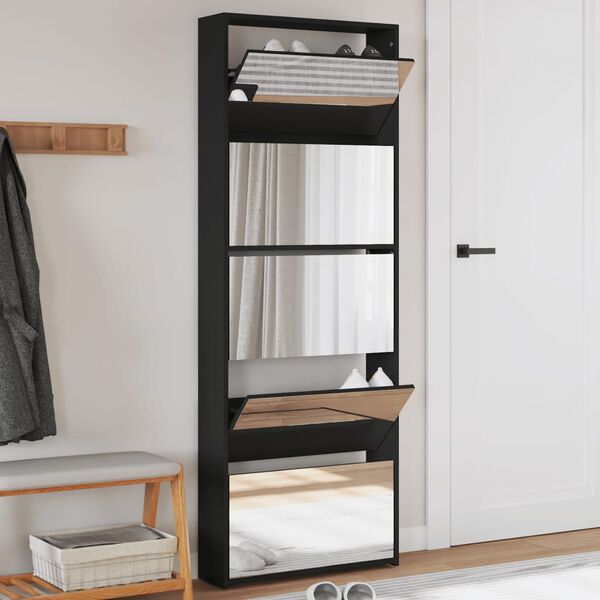 vidaXL Schuhschrank mit Spiegel 5 F&auml;cher Schwarz 63x17x169,5 cm