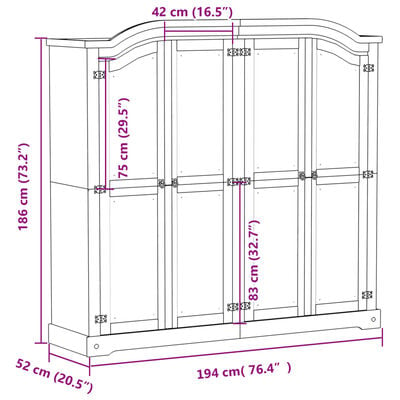 vidaXL Kleiderschrank Corona Weiß 194x52x186 cm Massivholz Kiefer